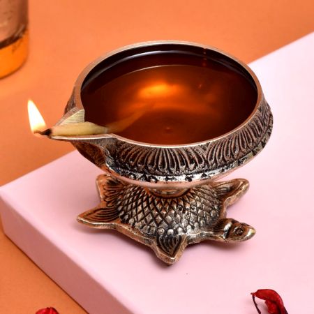 Decorative Golden Brass Oil Lamp with Turtle Base